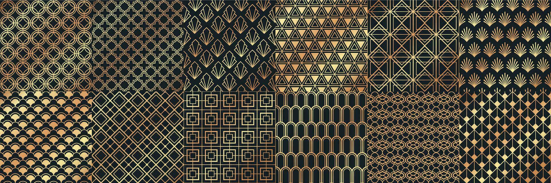 Golden art deco seamless patterns. Luxury decorative geometrical ornaments, gold geometric shapes and vintage pattern vector set