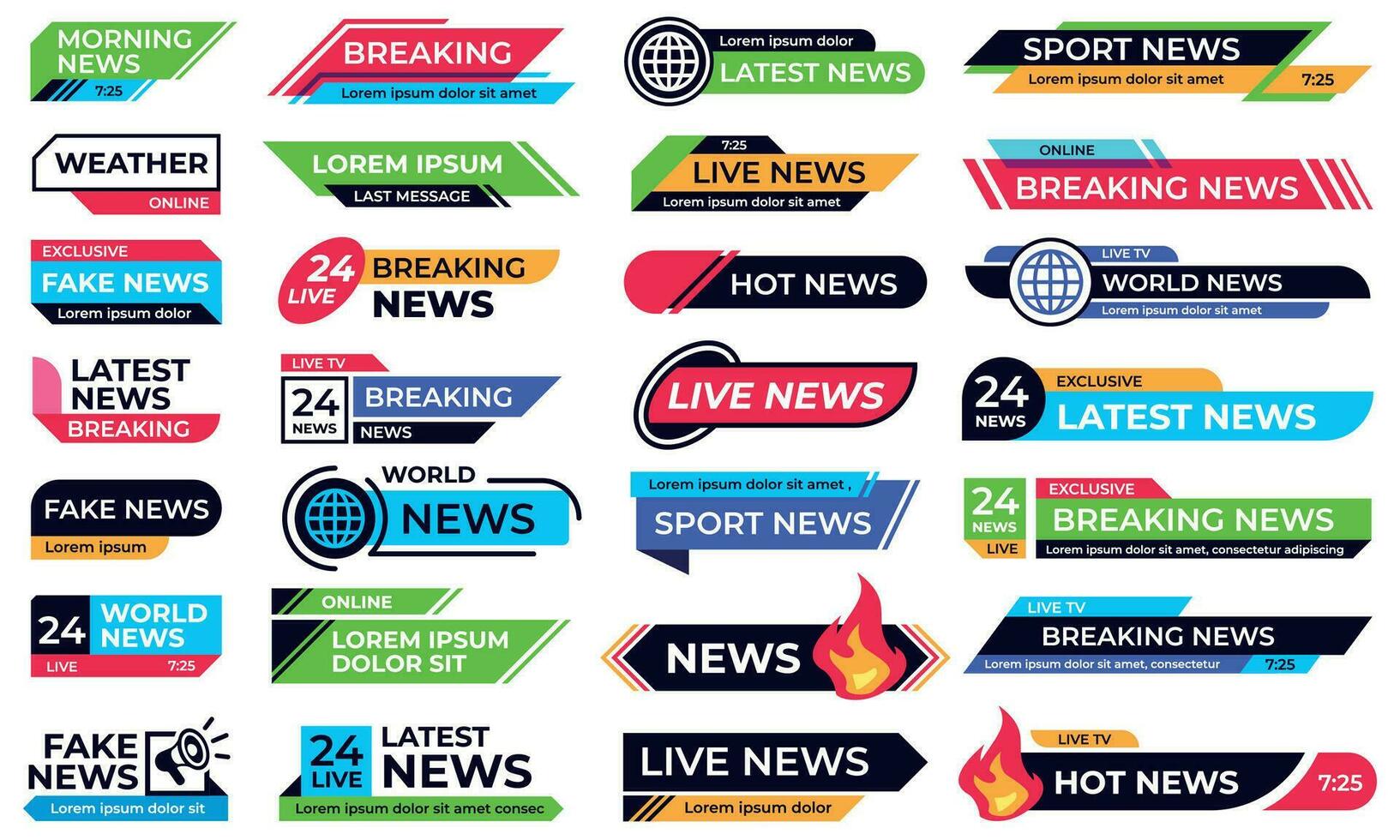 News banner. Breaking header, 24 live news and sport bar banner templates vector set