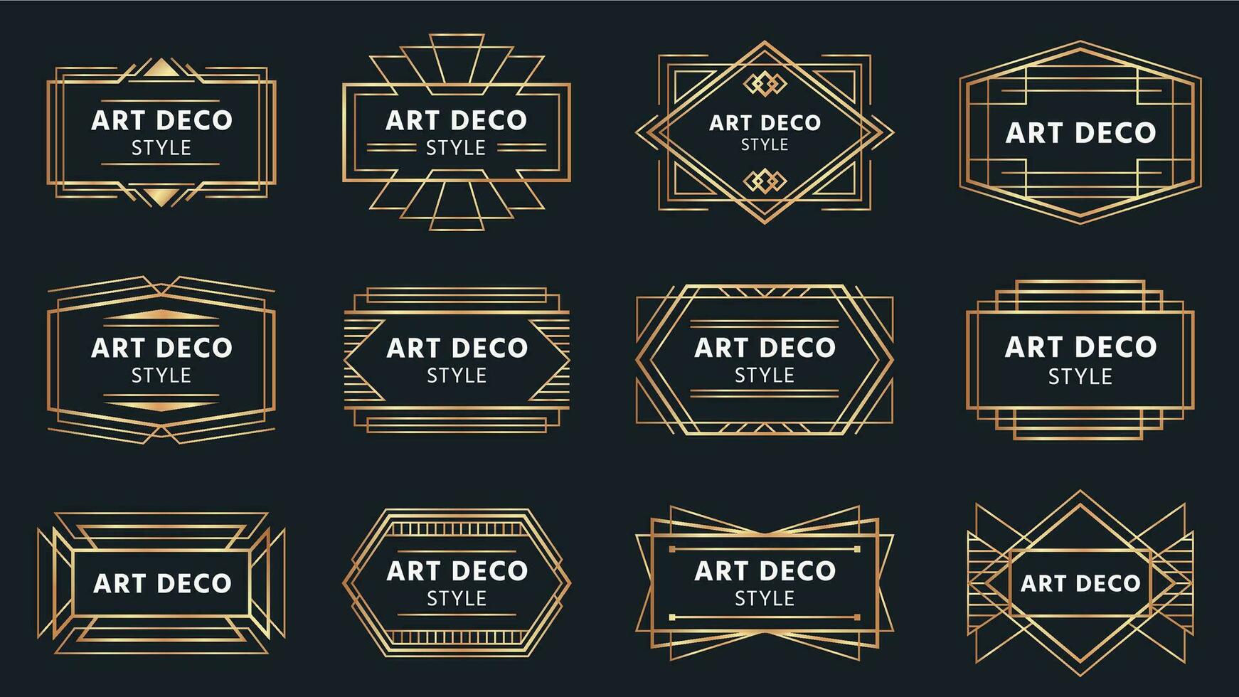 Golden art deco badges. Gold frame label, decorative badge and geometric frames vector set