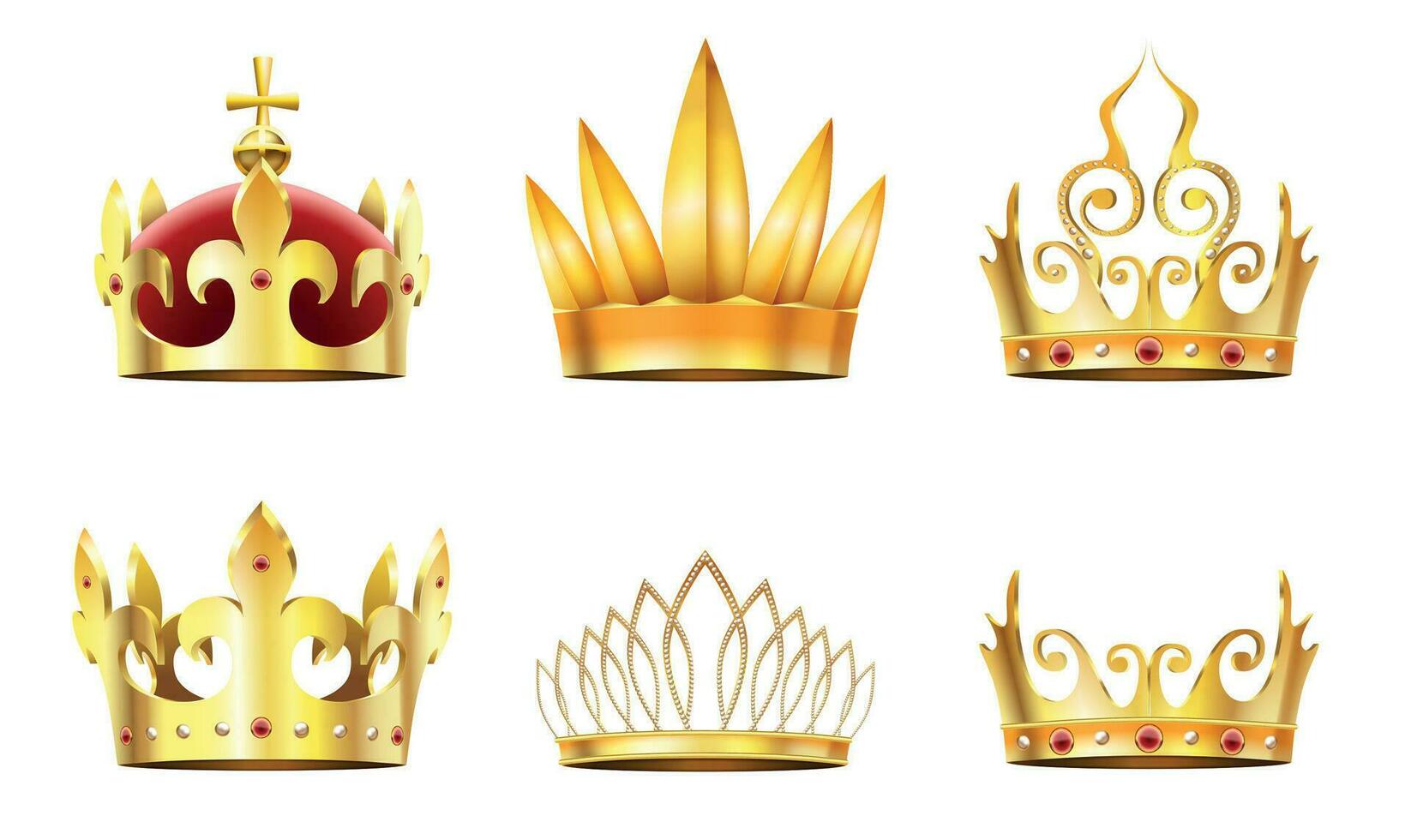Realistic crown and tiara. Golden royal crowns, queens gold diadem and monarchs crown vector set