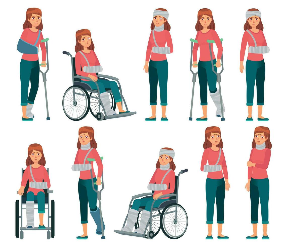 Woman with injury. Broken legs in plaster, arm and neck injuries. Sad female character in wheelchair, accident victim vector cartoon illustration