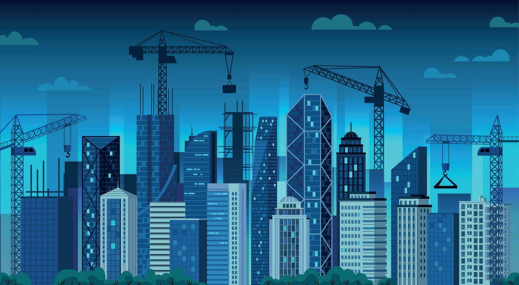 Urban development. Night construction cranes, modern city building and cityscape cartoon vector illustration