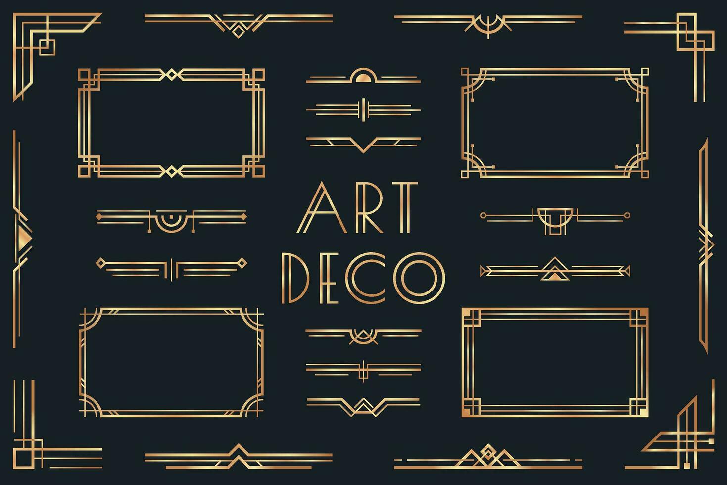 Golden art deco elements. Ornamental frame, retro 1920s divider border and decorative gold corner vector set