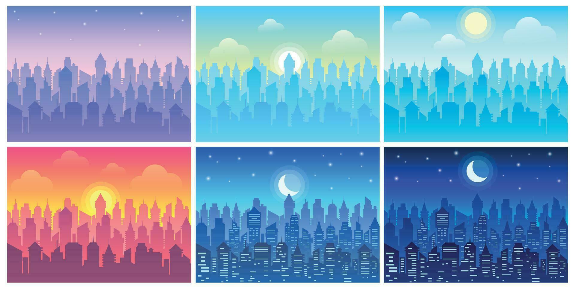 Day time cityscape. Change of time of day, morning town and night city skyline vector illustration set