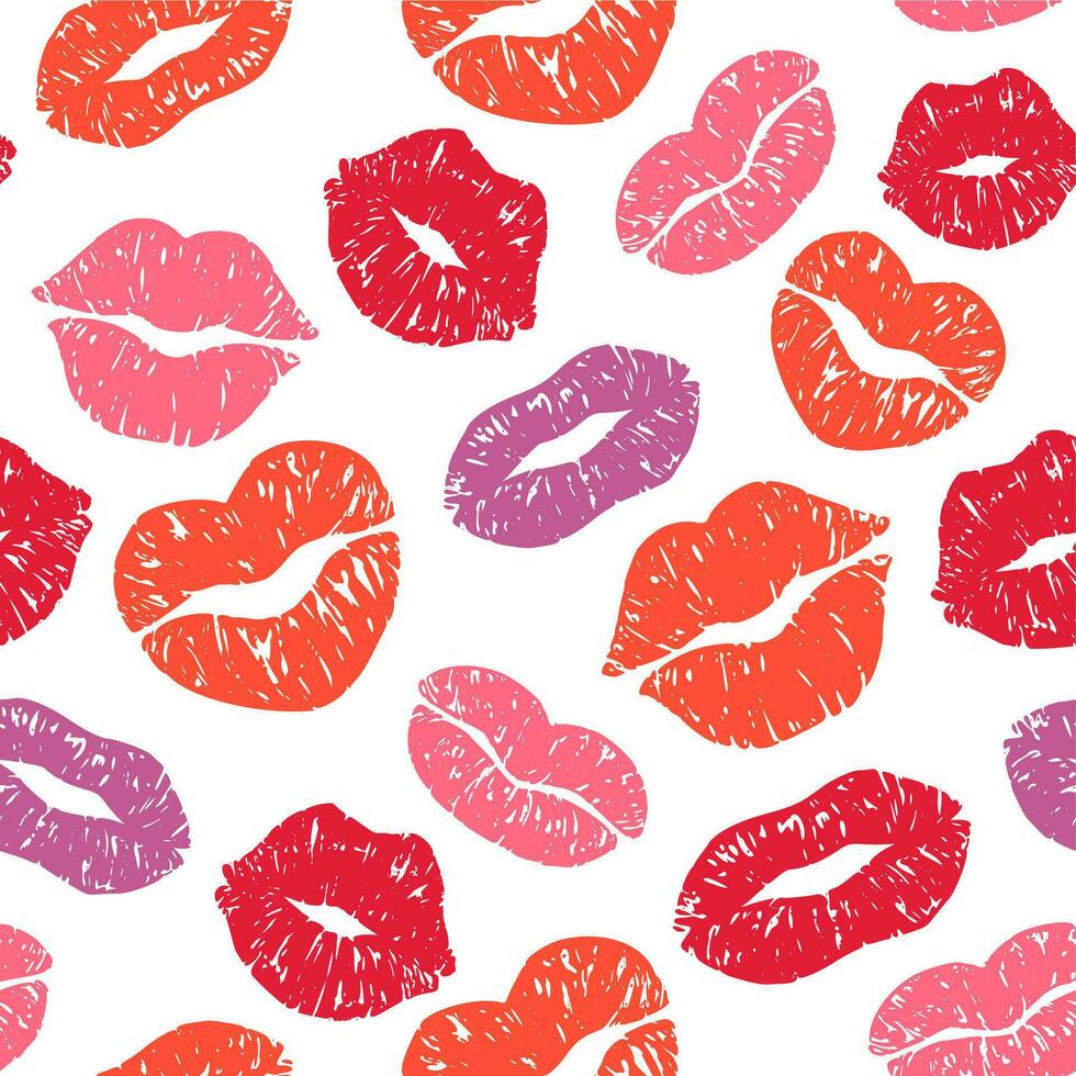 Lips print seamless pattern. Kiss prints with texture, color girls lips vector illustration