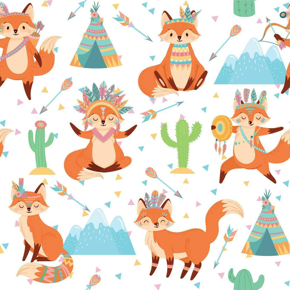 Seamless tribal fox pattern. Cute foxes in Indian feather warbonnet, wild animal and tribals tent cartoon vector illustration