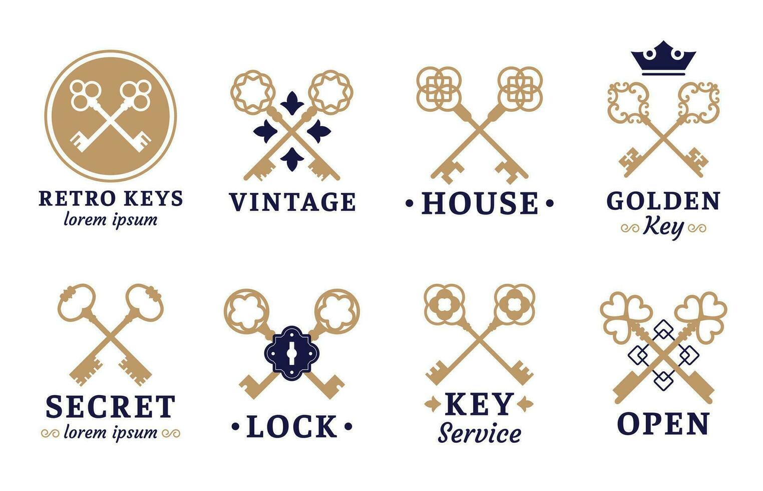 Vintage key label. Old keys emblem, retro lock and key service vector set