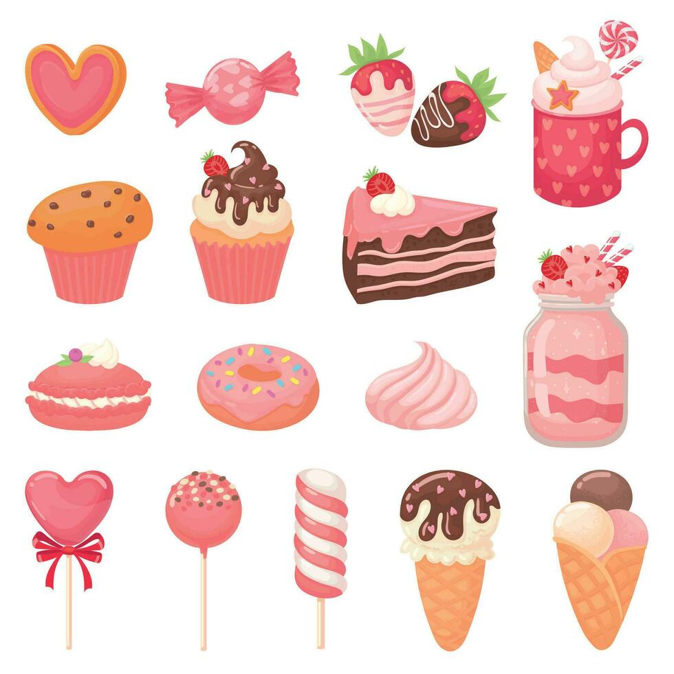 Cute Valentines sweets. Heart lollipop, sweet ice cream and strawberry cake. Candy cartoon vector illustration set