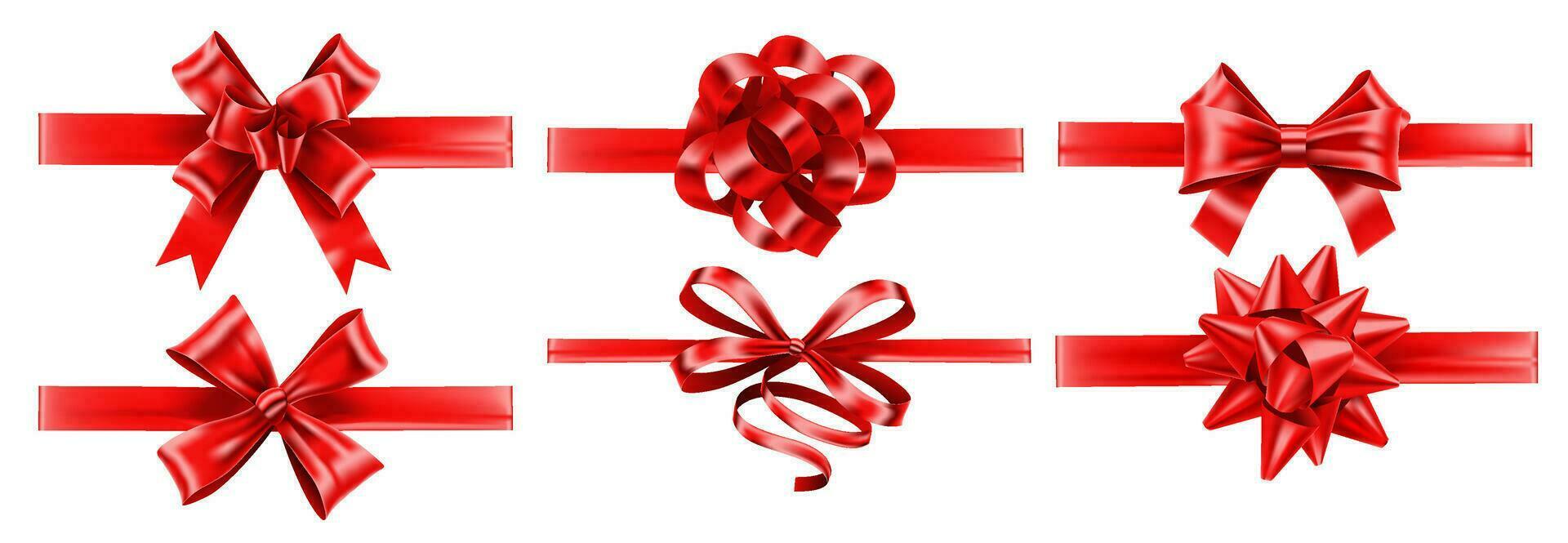 Realistic red ribbons with bows. Festive wrapping bow, gift decoration and presents ribbon vector set