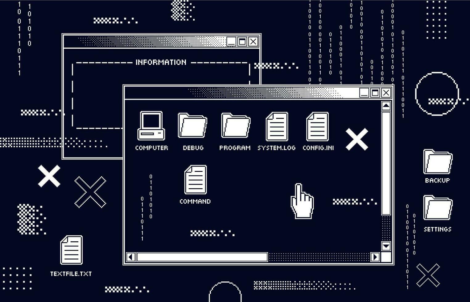 Abstract 80s interface. Retro computer black screen with old programs dark UI, program glitch and hack or virtual virus attack vector illustration