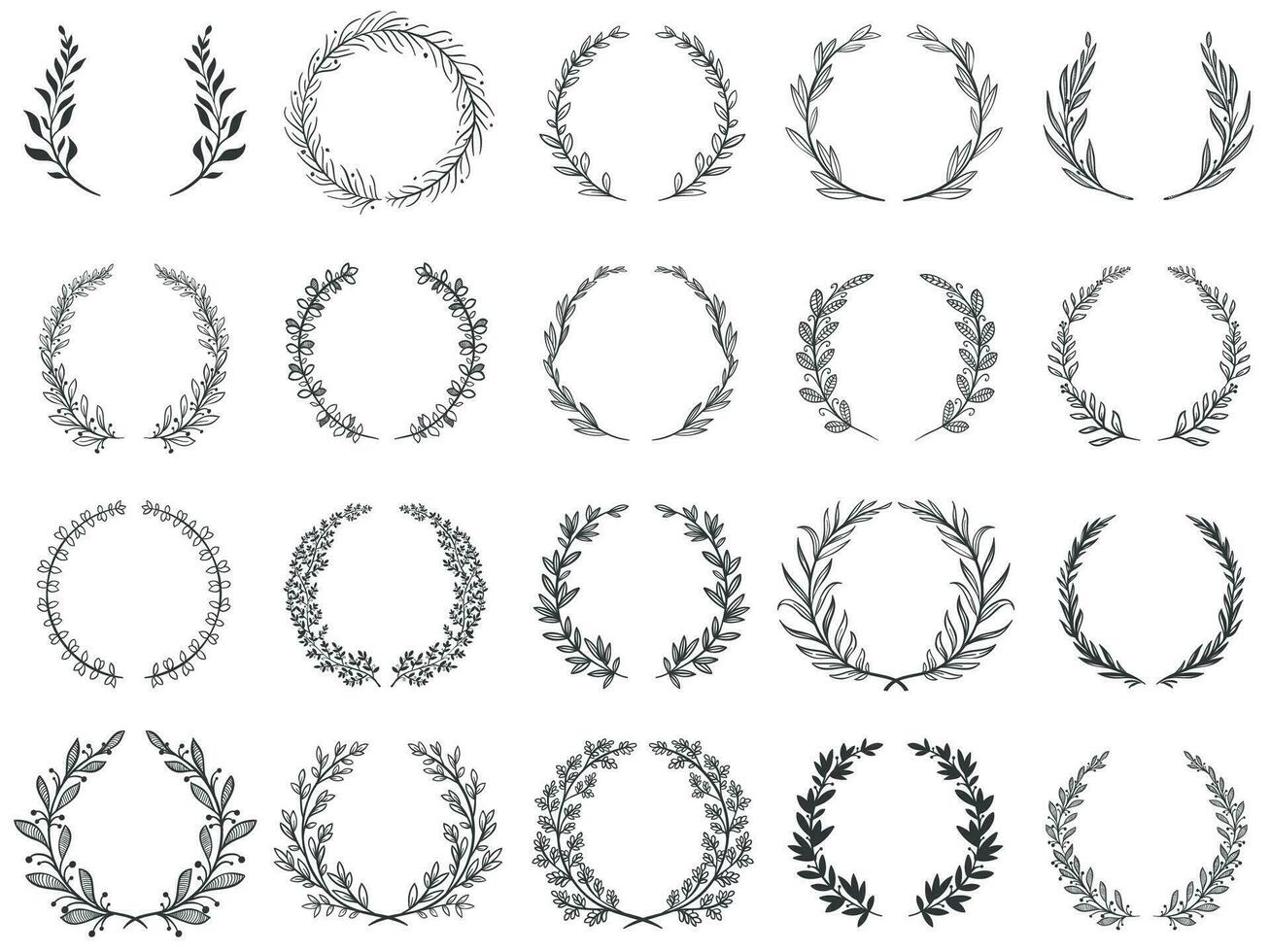 Ornamental branch wreathes. Laurel leafs wreath, olive branches and round floral ornament frames vector set