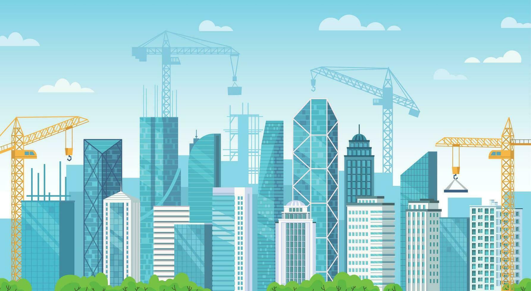 construido ciudad. ciudad debajo construcción, edificio cimientos y construcción grúas construir edificios dibujos animados vector ilustración