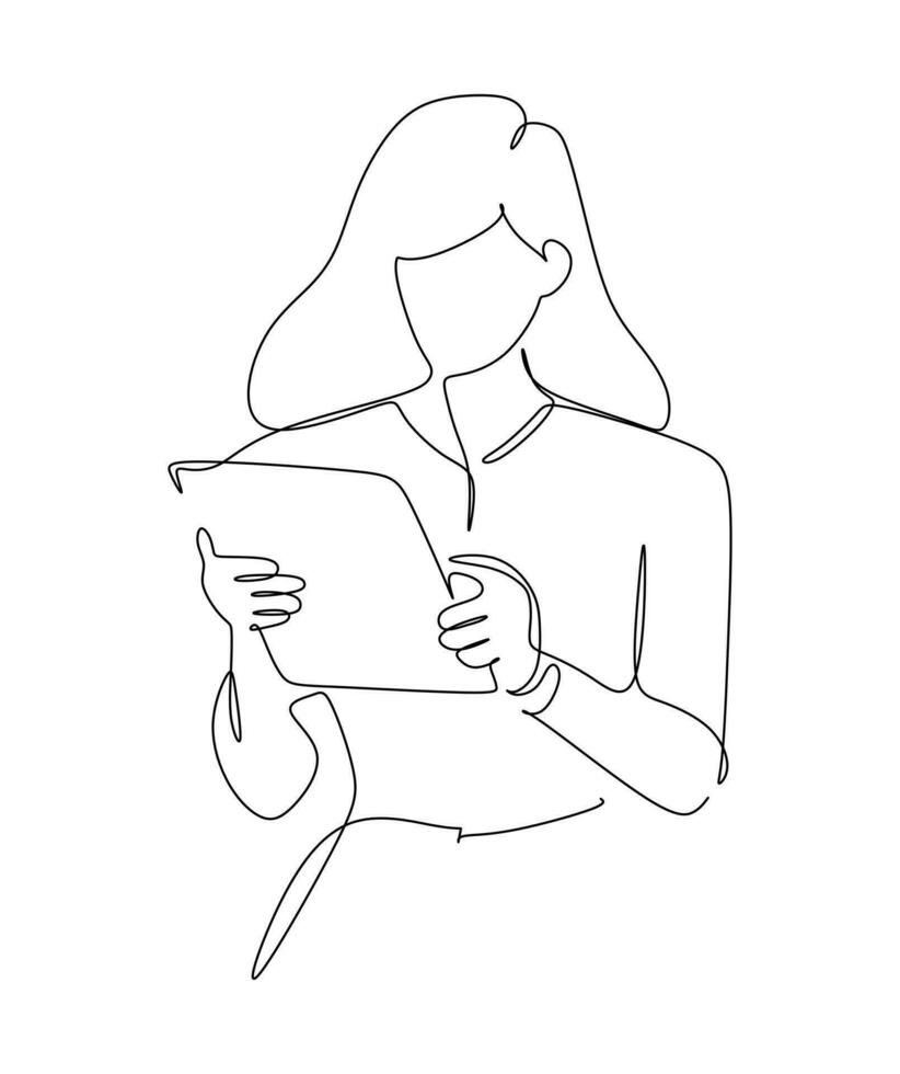 continuous line drawing of a woman reading a book. Vector illustration