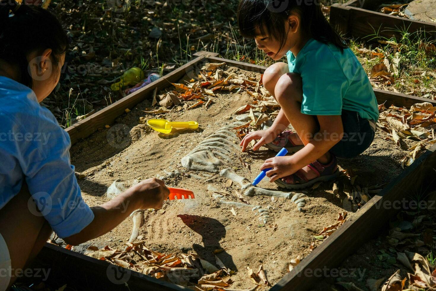 Cute little girl playing as a little archaeologist with her mother digging dinosaur fossils in the playground. Children learning about, Excavating dinosaur fossils simulation in the park. photo