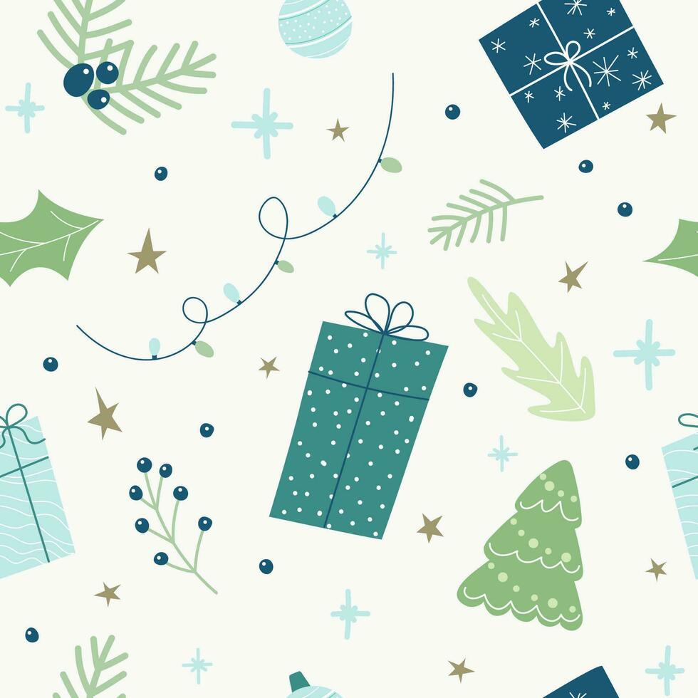 seamless winter pattern with gifts, trees and leaves vector