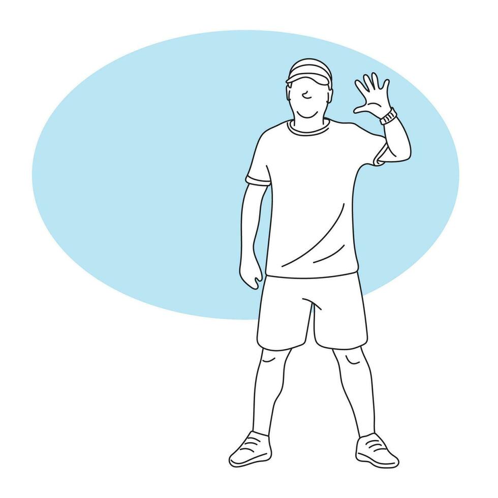 full length of sport man with cap standing in front of blue blank space illustration vector hand drawn isolated on white background