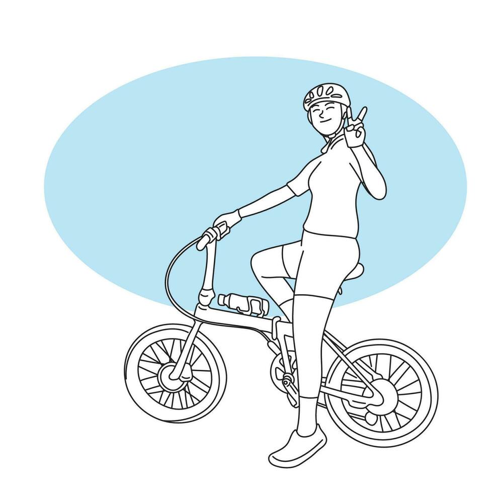 full length of sporty woman showing peace sign on her bicycle illustration vector hand drawn isolated on white background