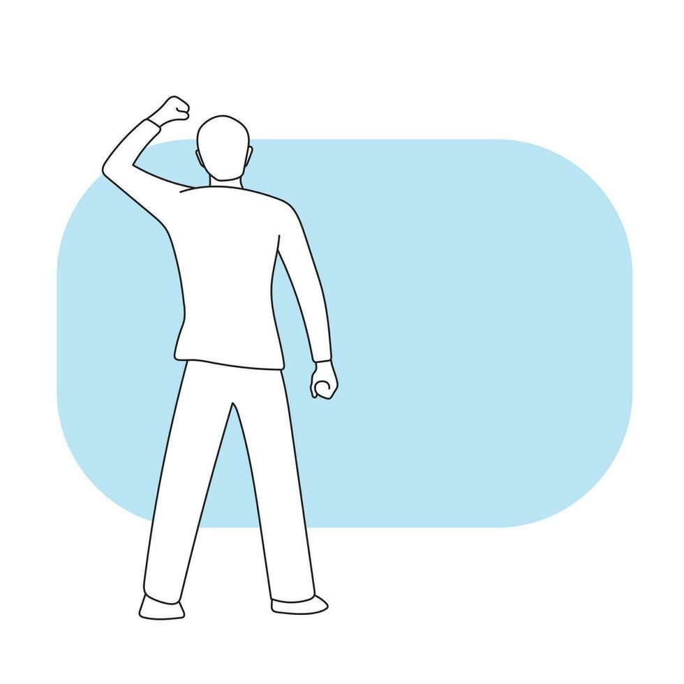 back view of man happy man raising his hand up on blue blank space illustration vector hand drawn isolated on white background