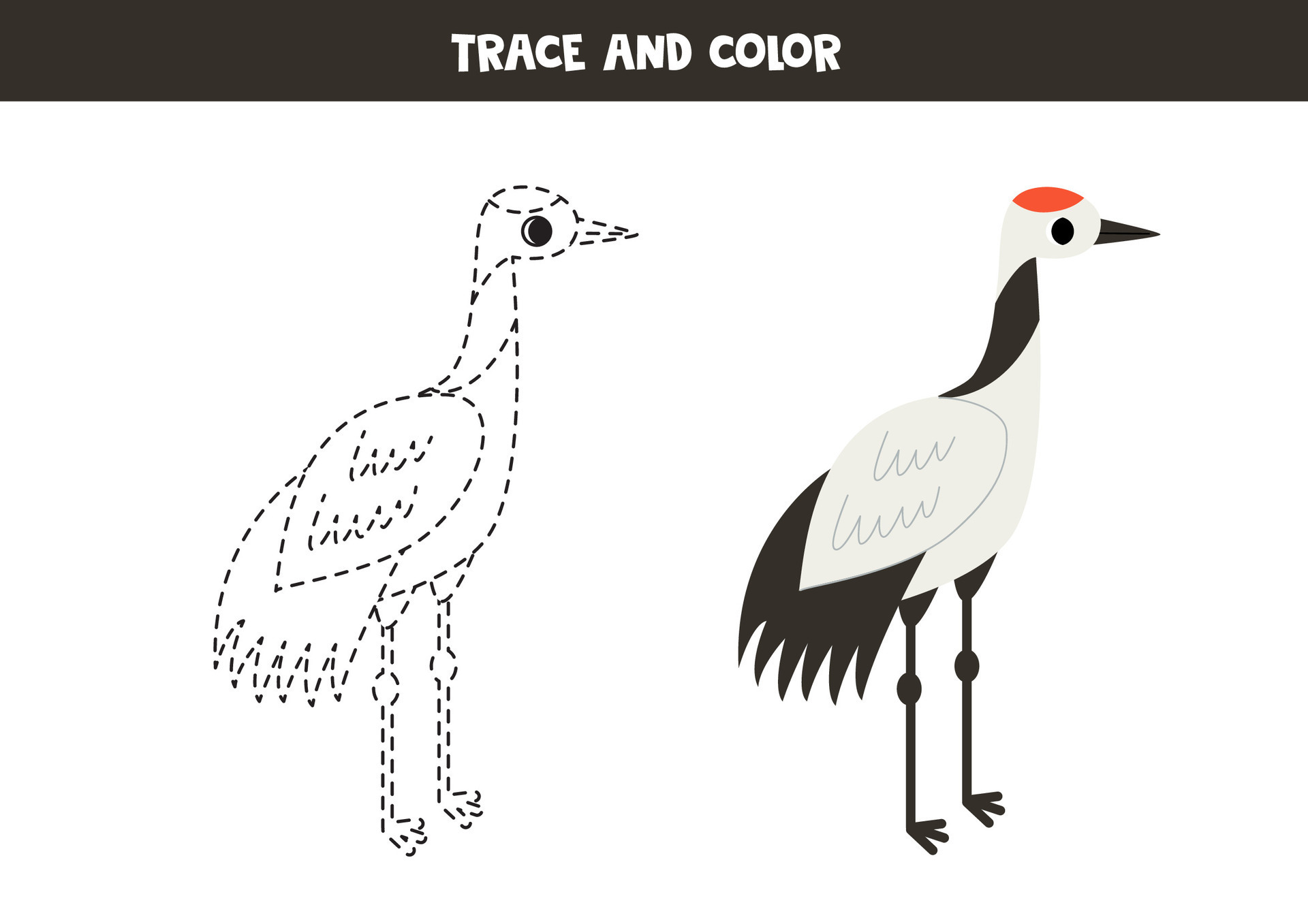 Trace and color cartoon Japanese crane. Worksheet for children