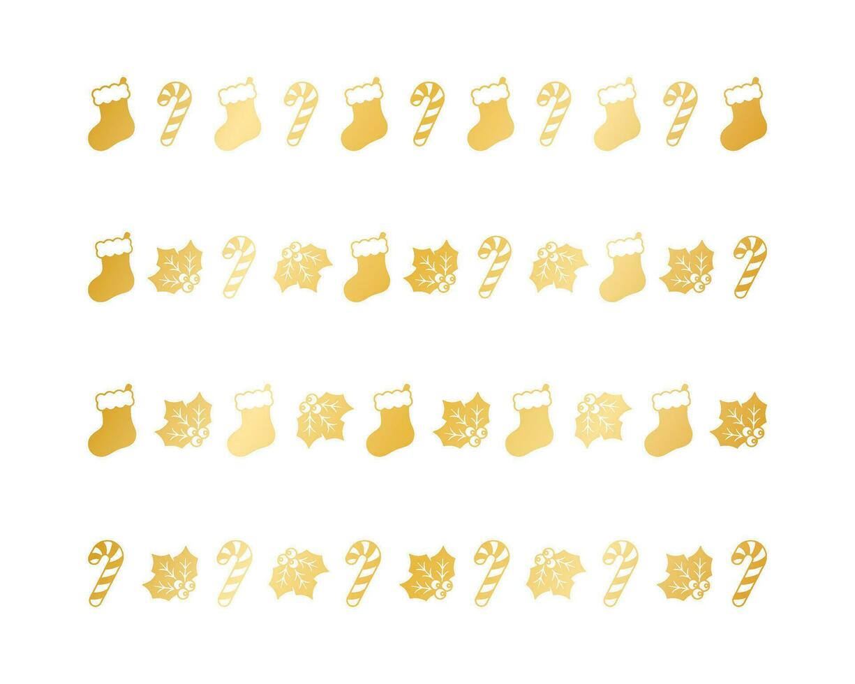 Gold Christmas themed decorative border and text divider set, Christmas Stocking, Candy Cane and Mistletoe Pattern Silhouette. Vector Illustration.