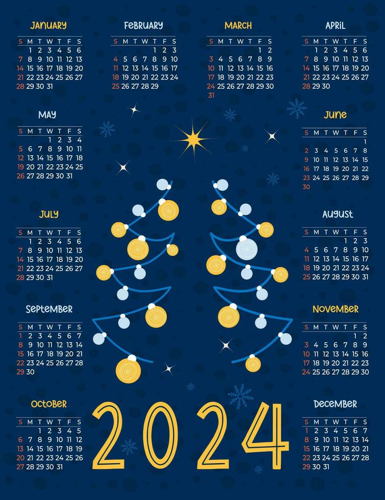 2024 anual calendario. moderno minimalismo Navidad árbol con amarillo y azul pelotas juguetes en azul antecedentes. vector vertical modelo 12 meses en inglés. semana en domingo. papelería.