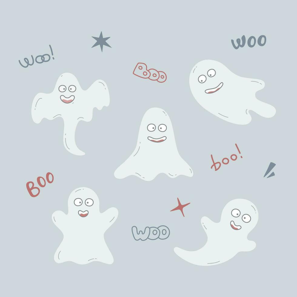 Set of color vector illustrations of funny haloween ghosts.
