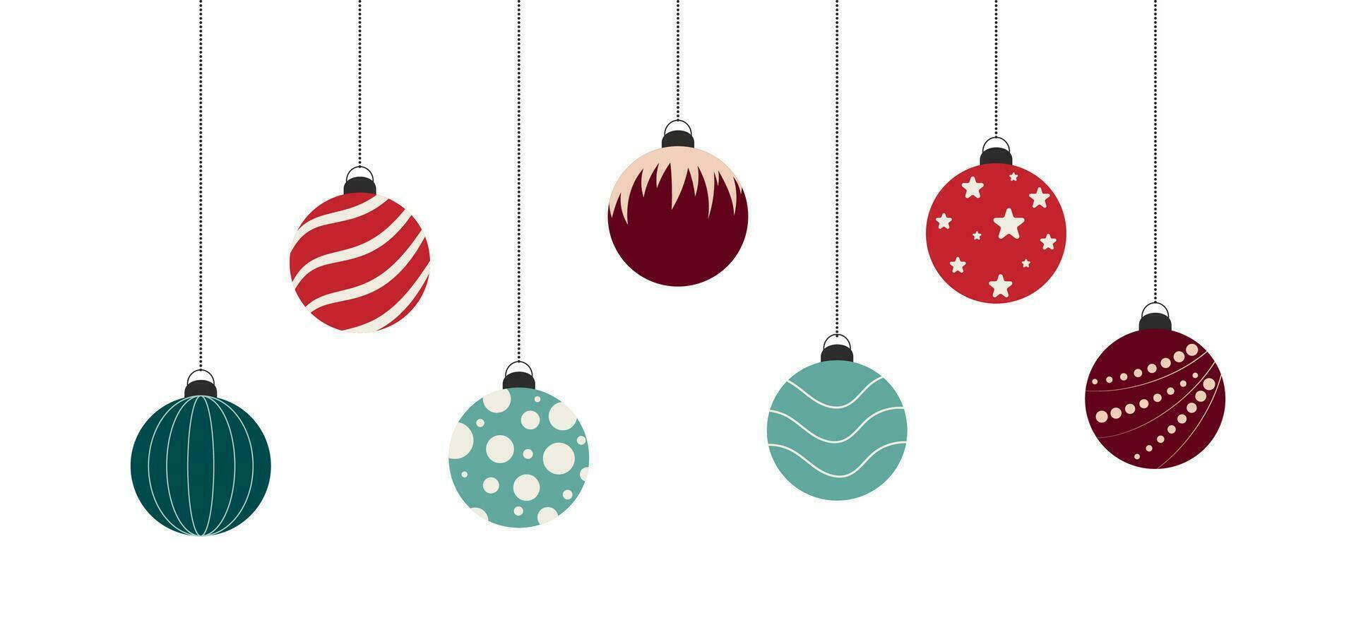 Navidad pelotas colgando en cuerda. diseño elementos para saludo tarjeta, póster, bandera, publicidad, álbum de recortes vector ilustración.