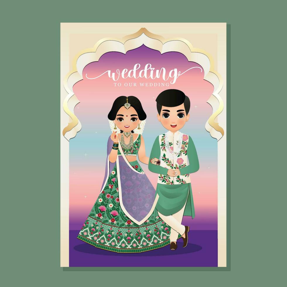 Wedding invitation card the bride and groom cute couple in traditional indian dress cartoon character vector