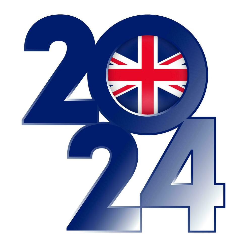 contento nuevo año 2024 bandera con Reino Unido bandera adentro. vector ilustración.