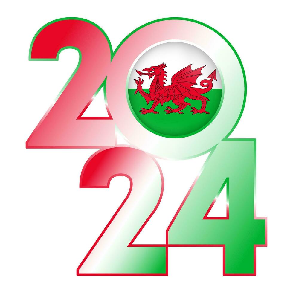 Happy New Year 2024 banner with Wales flag inside. Vector illustration.