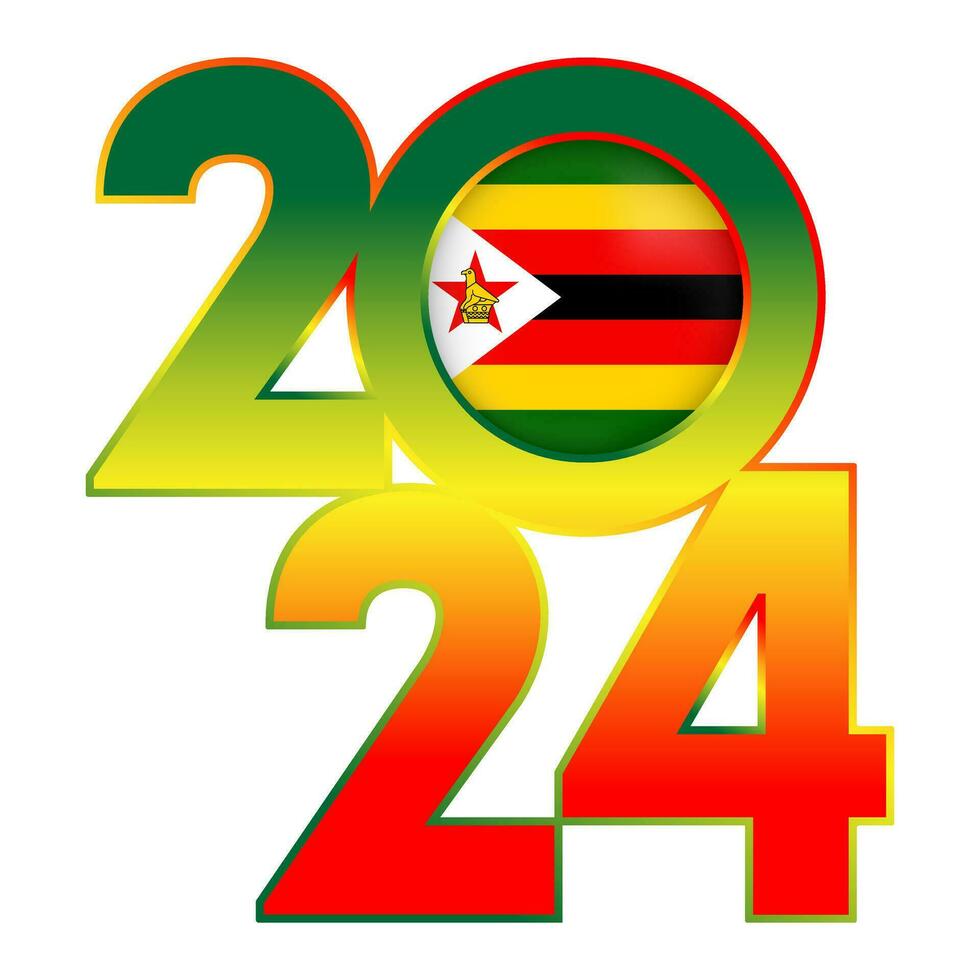 Happy New Year 2024 banner with Zimbabwe flag inside. Vector illustration.