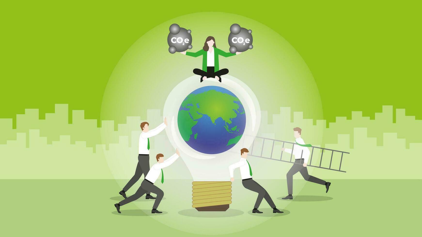 Businesswoman holds CO2e gas on a world light bulb and trees with team. vector