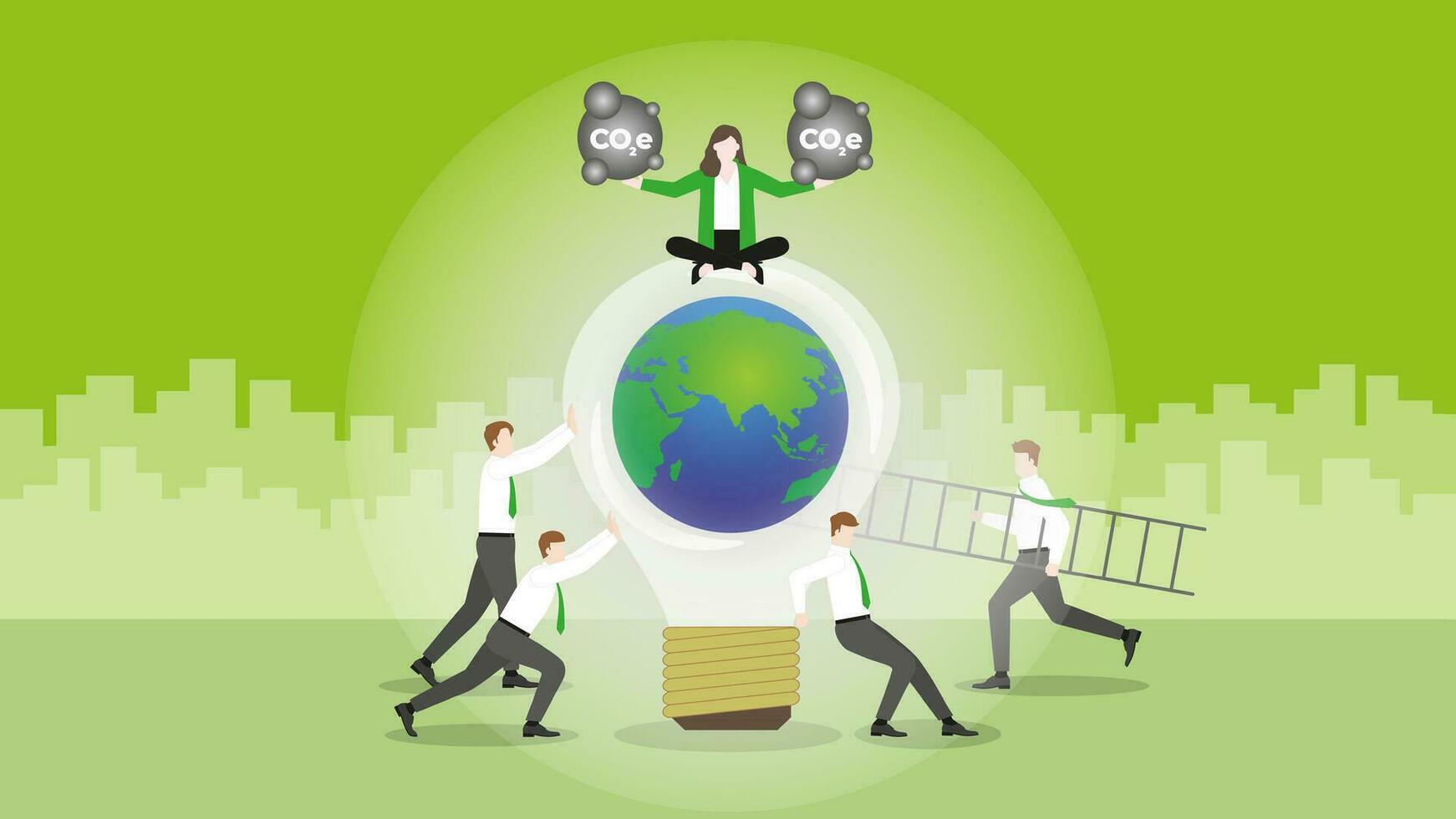 Businesswoman holds CO2e gas on a world light bulb and trees with team. vector