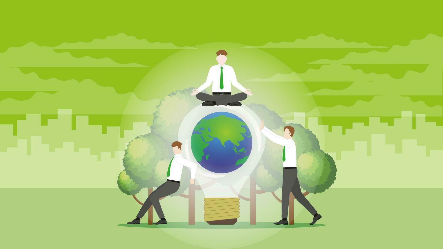 A calm businessman sits on world light bulb and trees with team support. vector