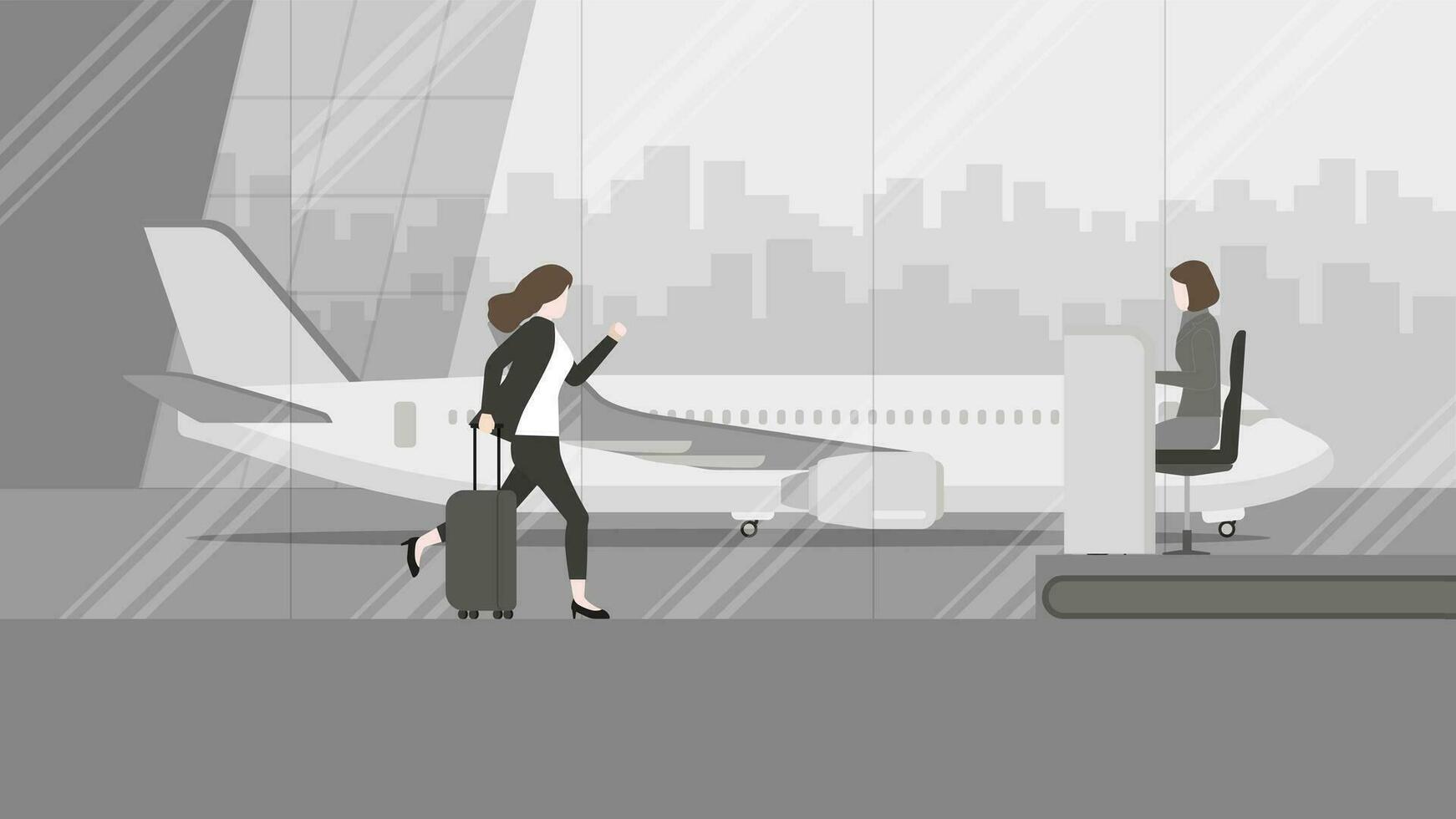 Business trip, a businesswoman runs to ground service officer counter check-in at an international airport terminal vector