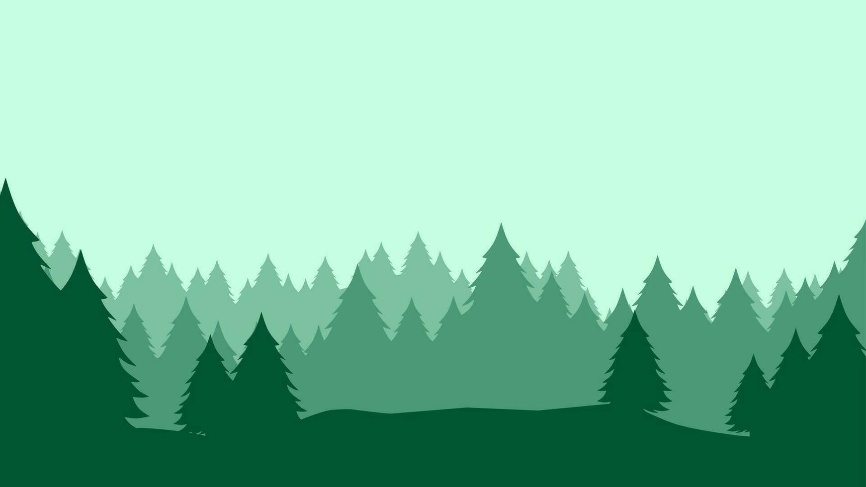 Pine forest landscape vector illustration. Silhouette of coniferous landscape in the green hill. Pine forest landscape for background, wallpaper or landing page