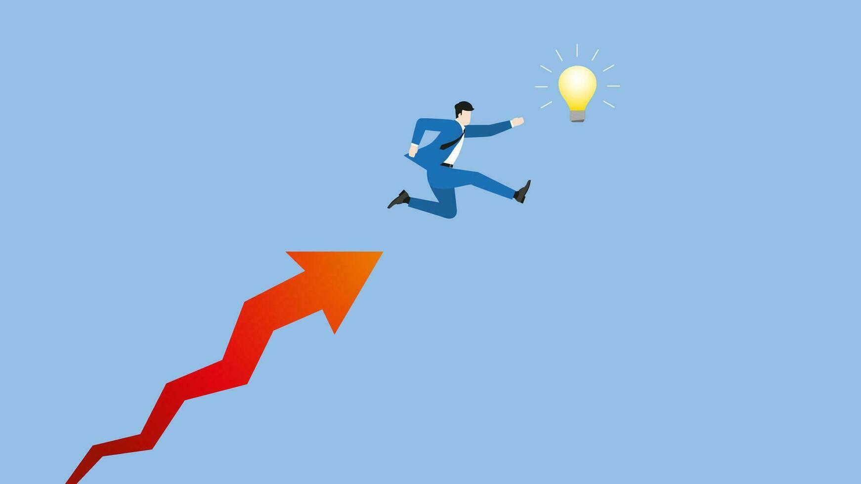 businessman jumps from an arrow to grab a light bulb vector