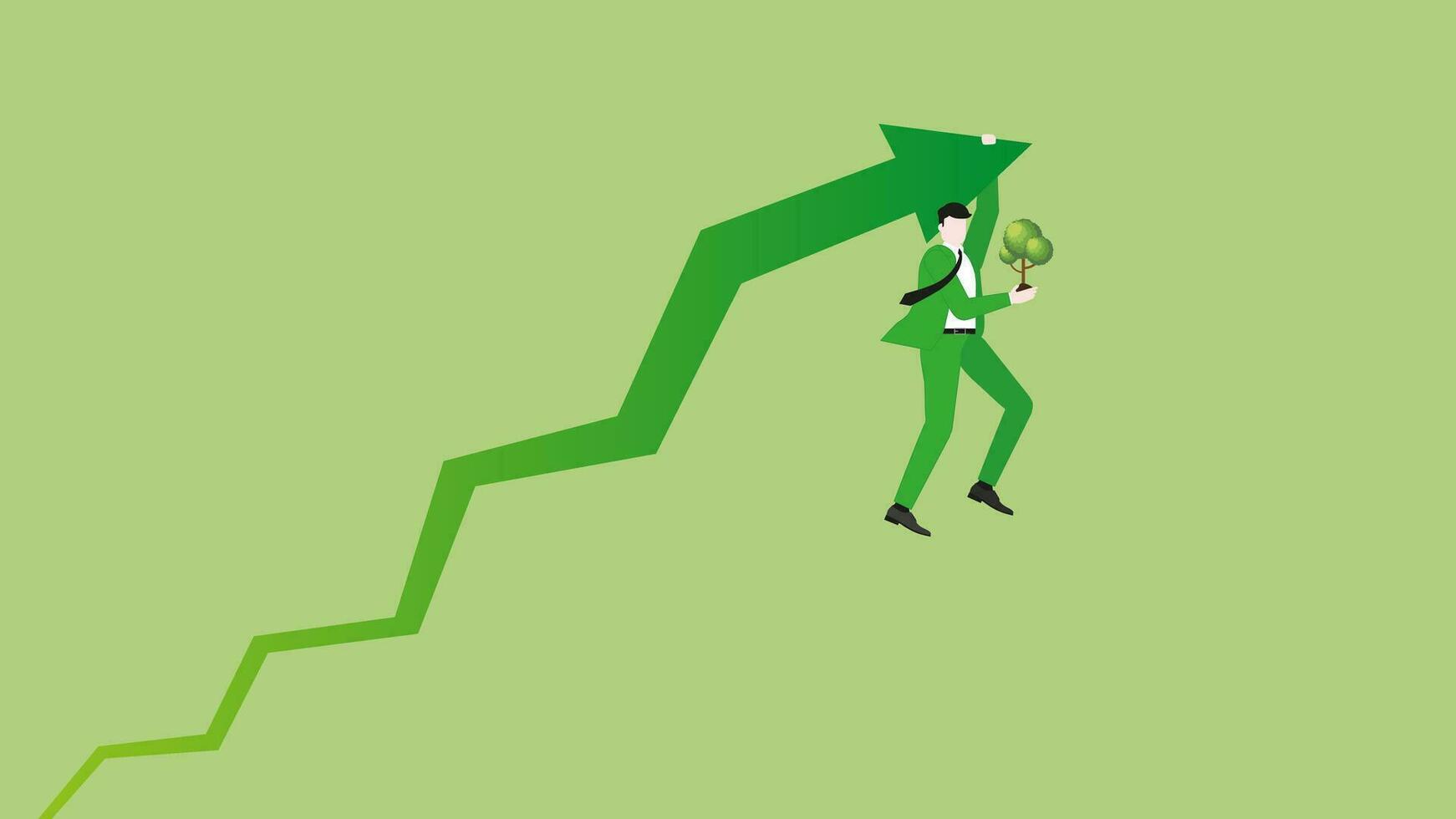 A businessman hangs a rise green arrow with a tree. Concept of ESG and green business policy vector