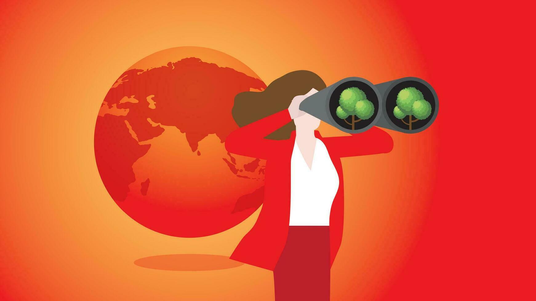 Red hot world and a visonary woman with binoculars look for a tree. vector