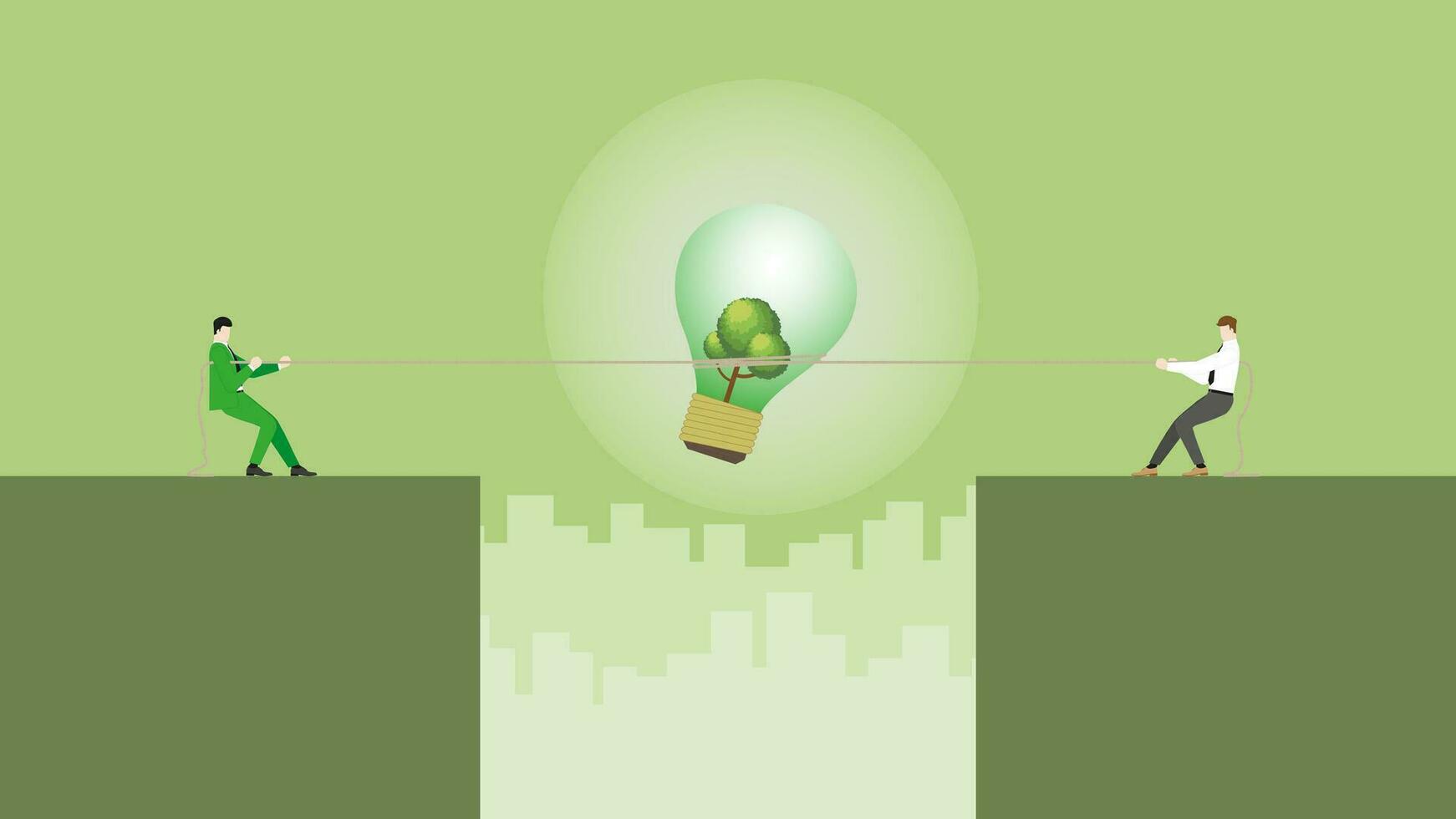 ESG business ideas compete. Pull rope for a tree big lightbulb. vector