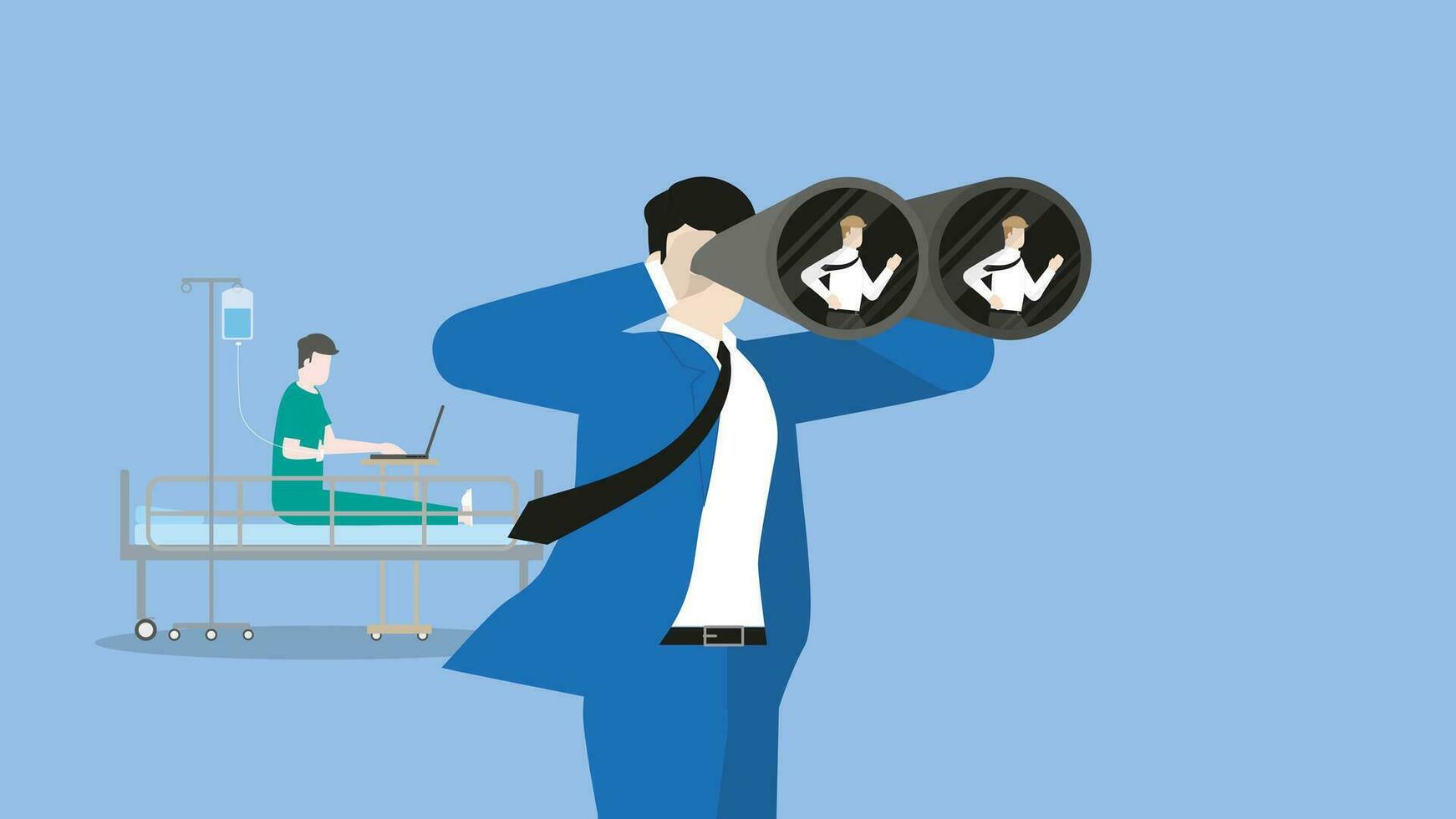 HR businessman uses binoculars to find a candidate replace a sick employee, saline drip on bed. vector