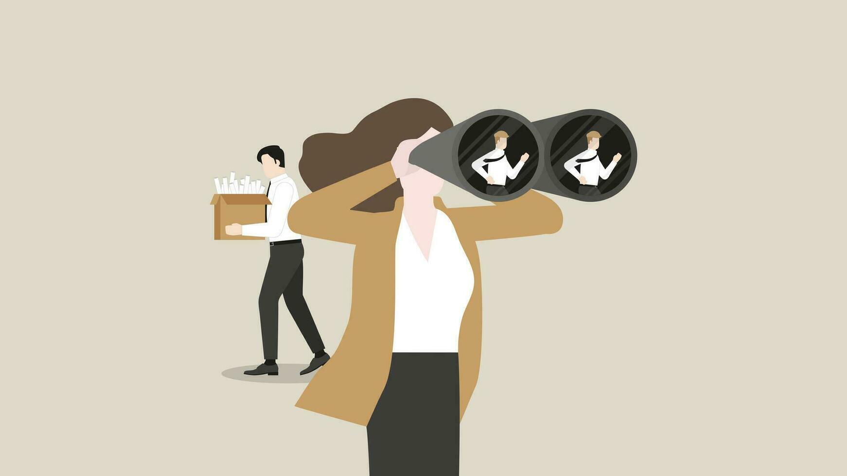 HR businesswoman uses binoculars to find candidate for a resigned or fired company employee. vector