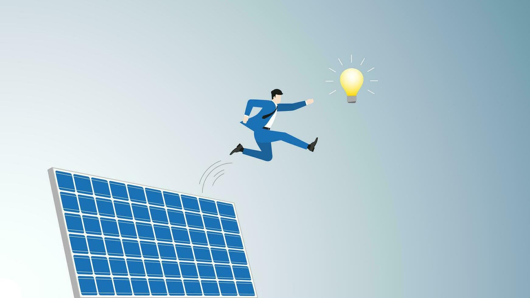 A businessman jumps from solar cells. to grab a light bulb. vector