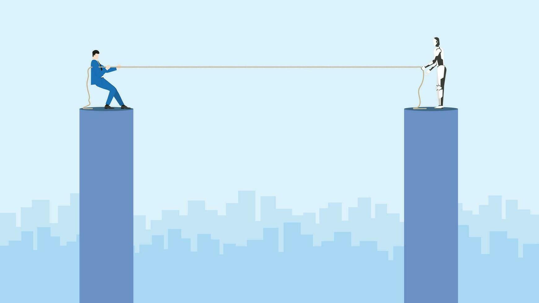 negocio competencia y ciber tecnología confrontación concepto. un empresario y un robot luchando para un posición por un tirón de guerra cuerda vector