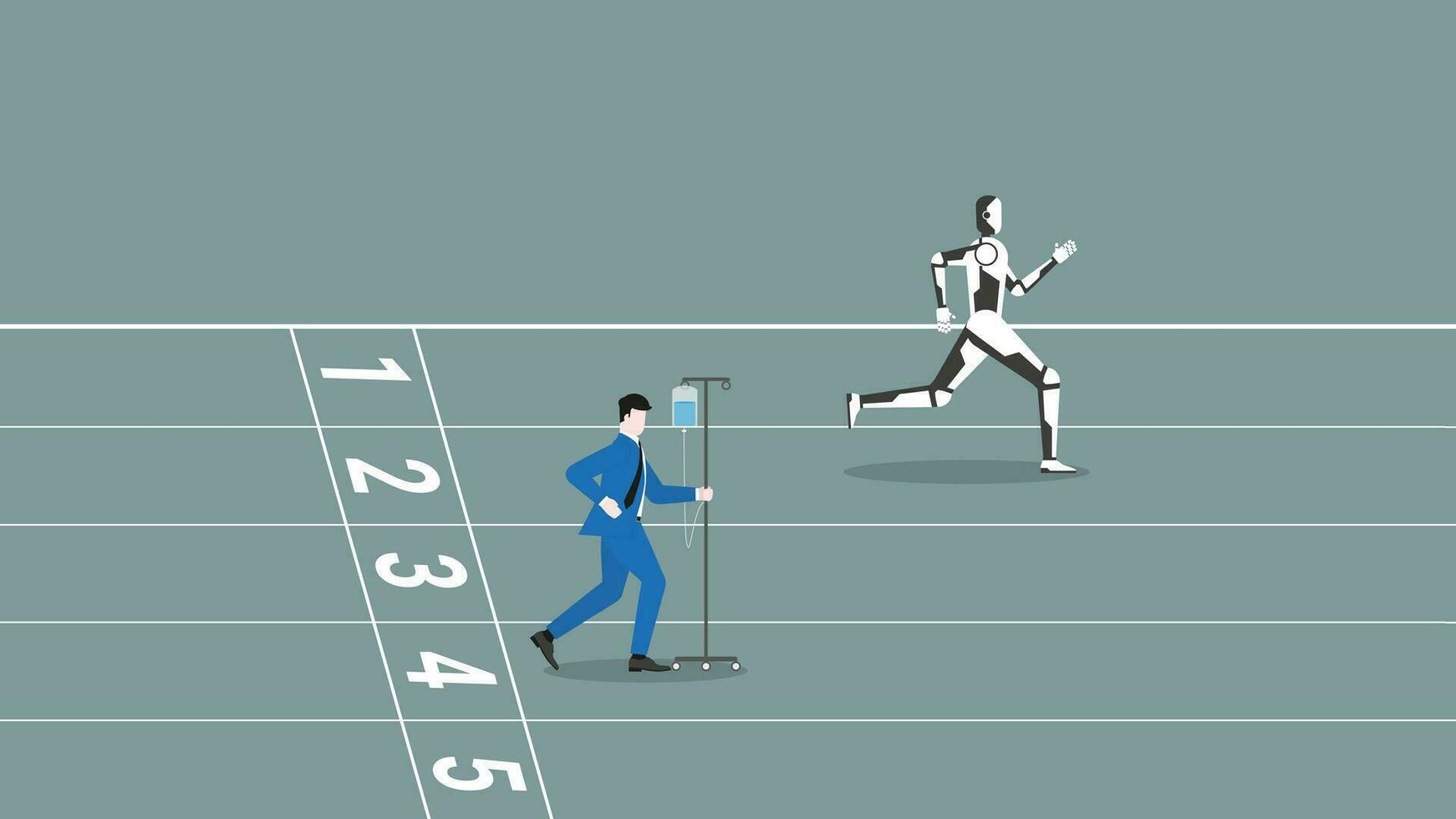 AI vs human battle concept. Businessman and robot run on racetrack. vector