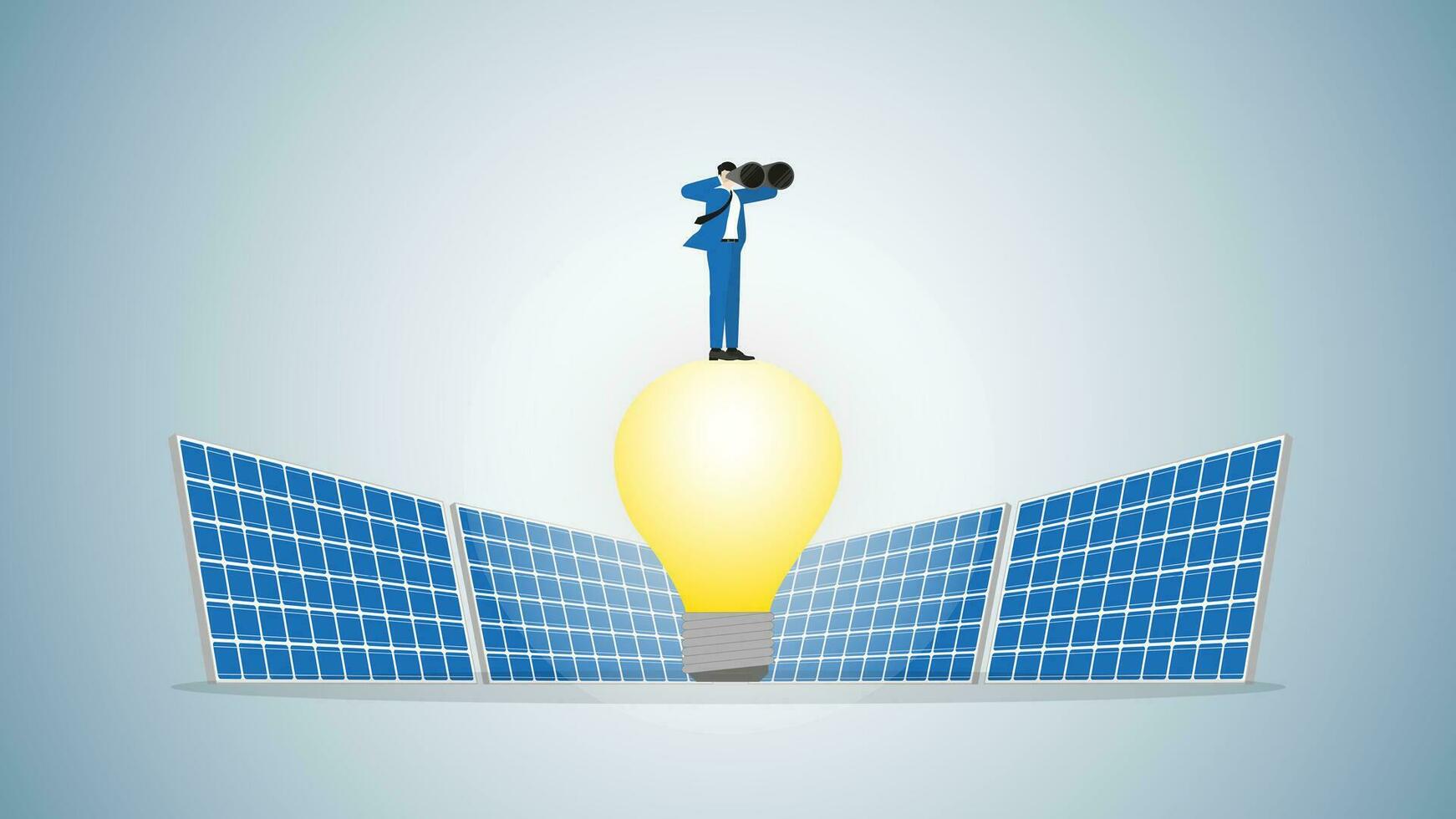 Visionary businessman uses binoculars on light bulb powered by solar cells. vector