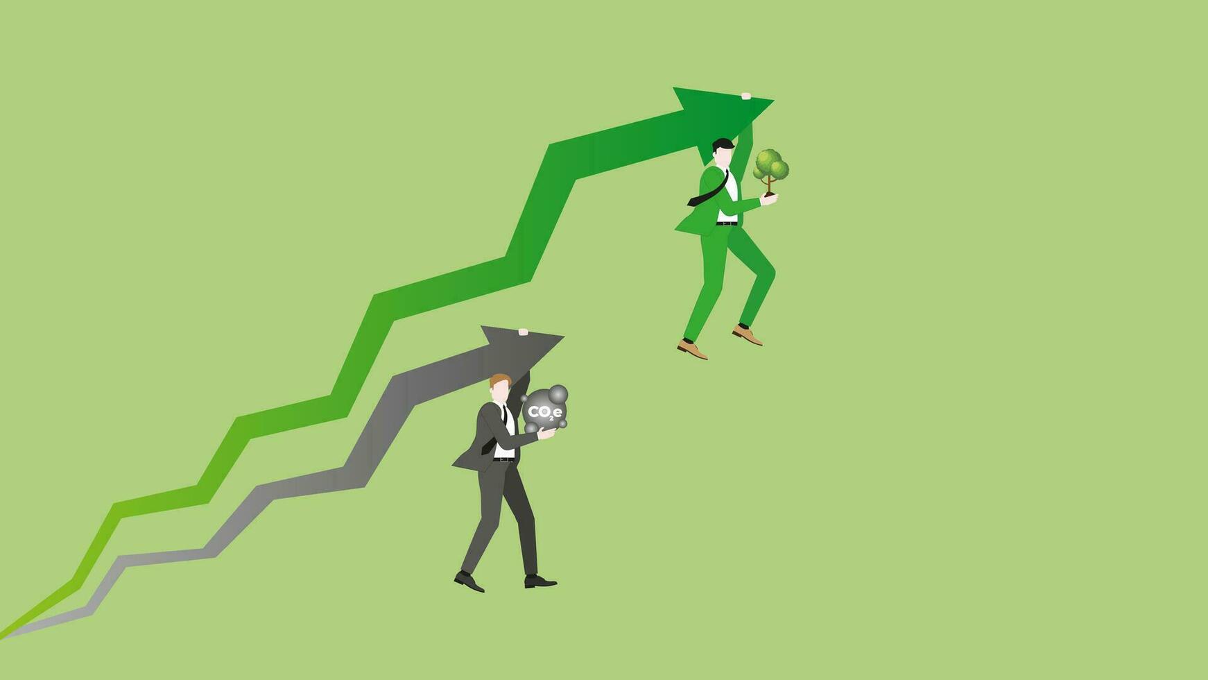Businessmen hang rising arrow with tree planting and CO2e gas. vector