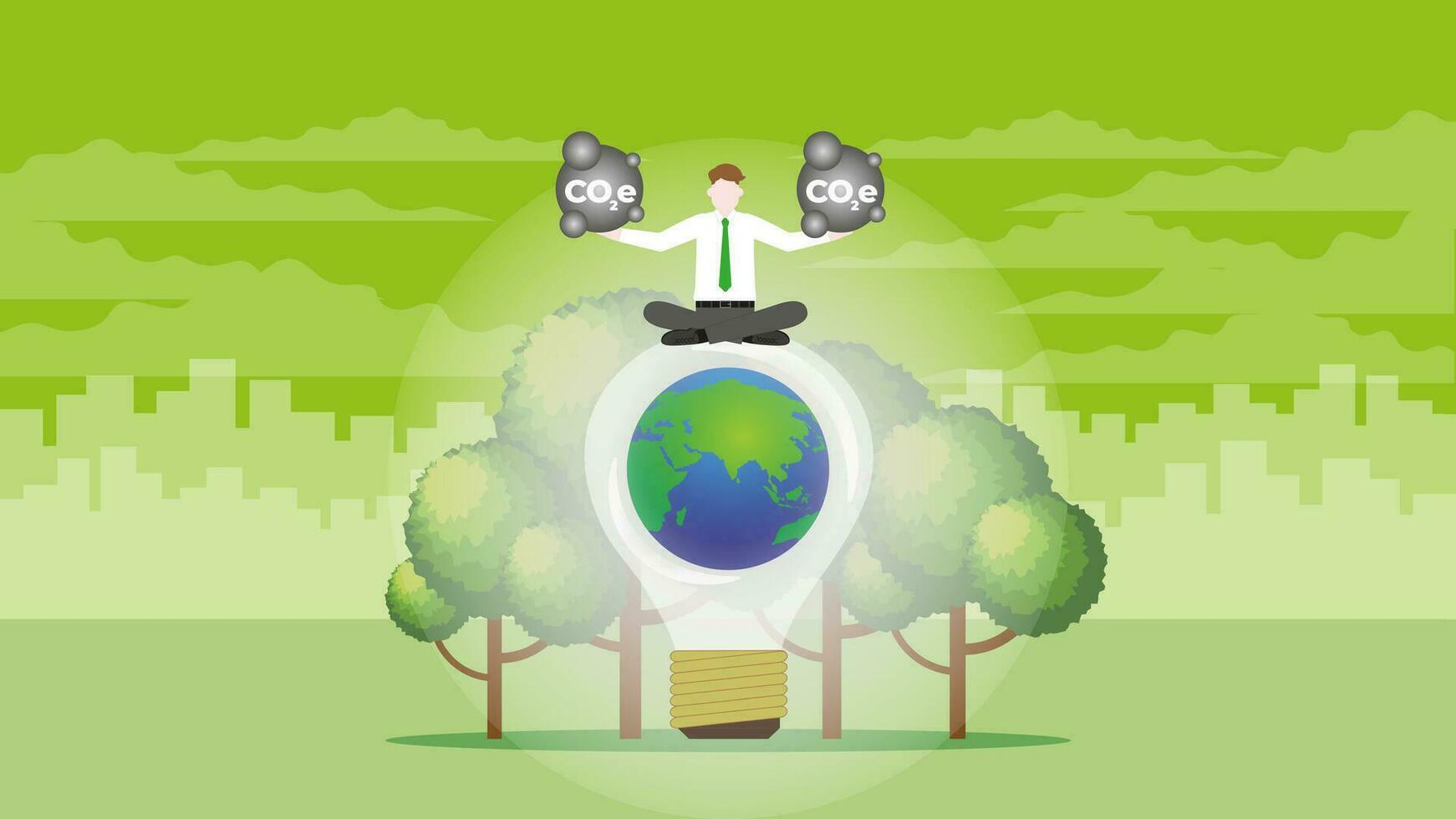 A businessman holds CO2e gas on the world light bulb and trees. vector