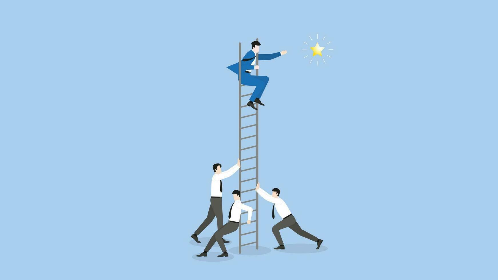 A businessman sits on a ladder and grabs a star with a support team vector