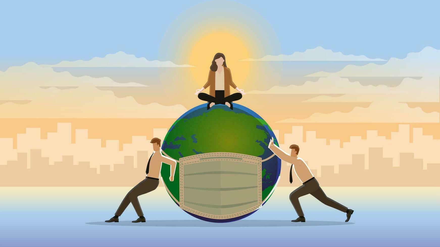 A calm businesswoman sits and meditates on a sick world with mask vector